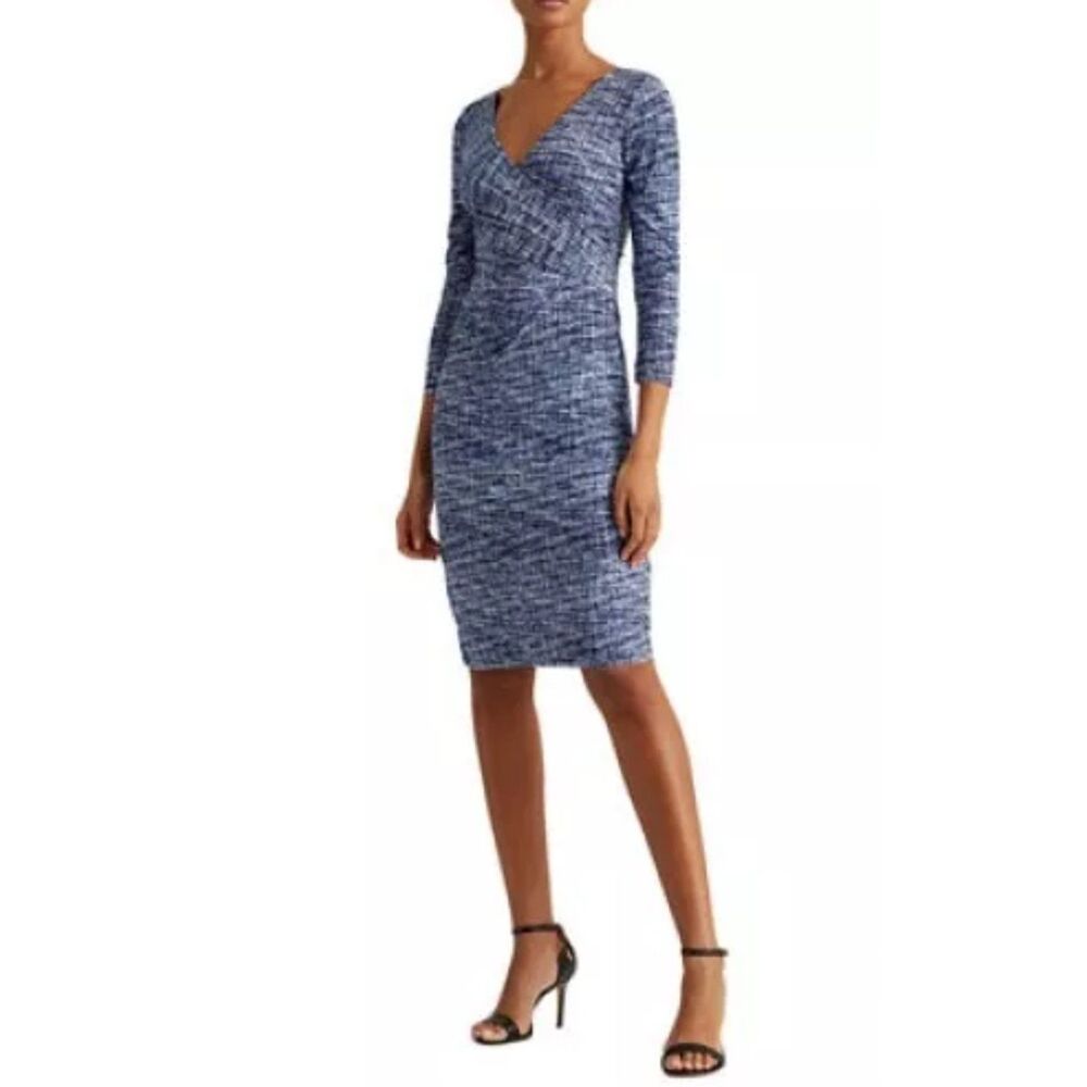 RALPH LAUREN Green Label Blue Surplice 3/4 Sleeve Faux Wrap Midi Dress Womens 6